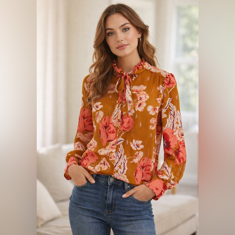 Ann Taylor Floral Ruffle Neck Silky Blouse